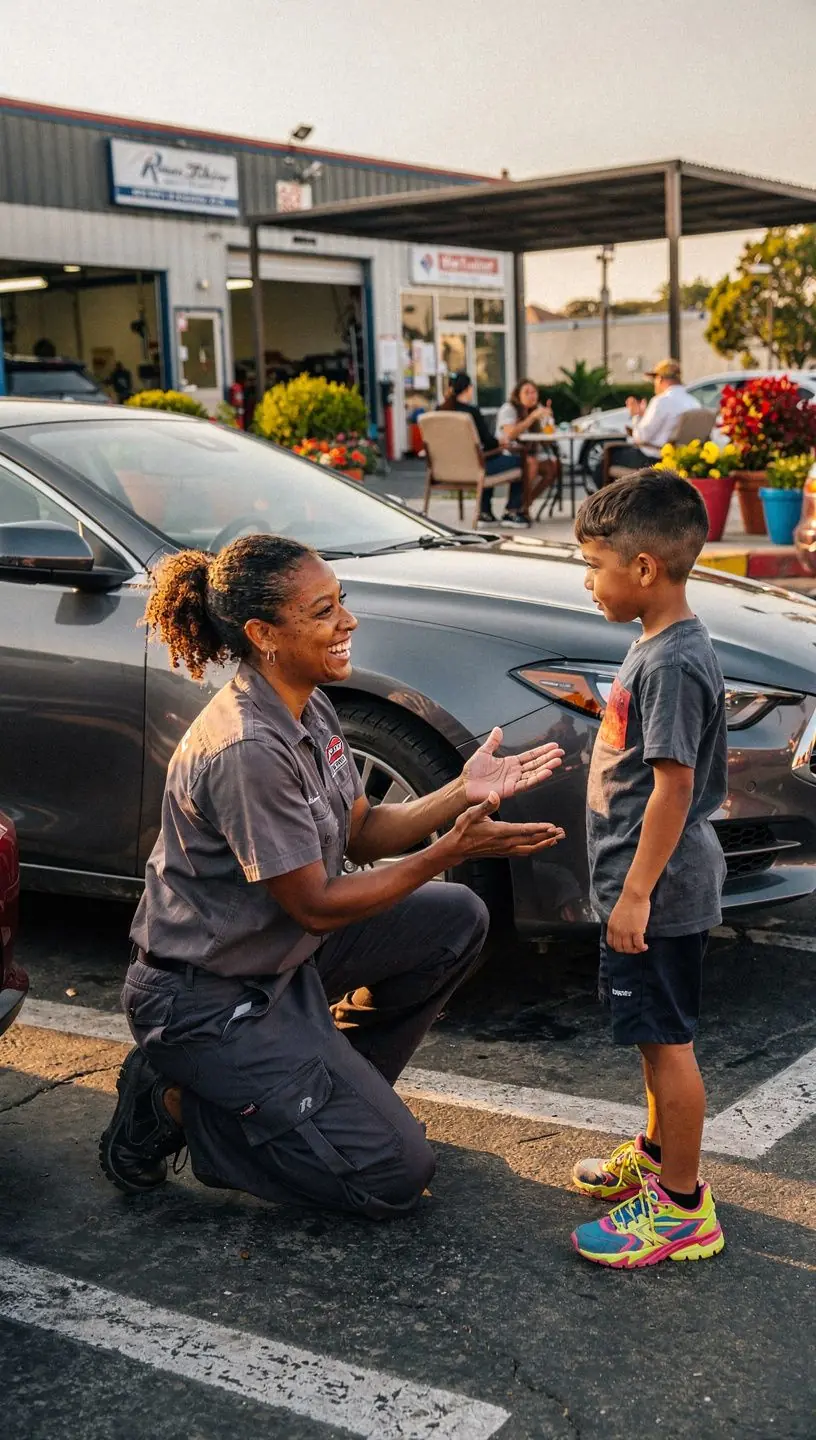 Automotive technician explaining maintenance report to a car owner inside a clean, organized repair shop.